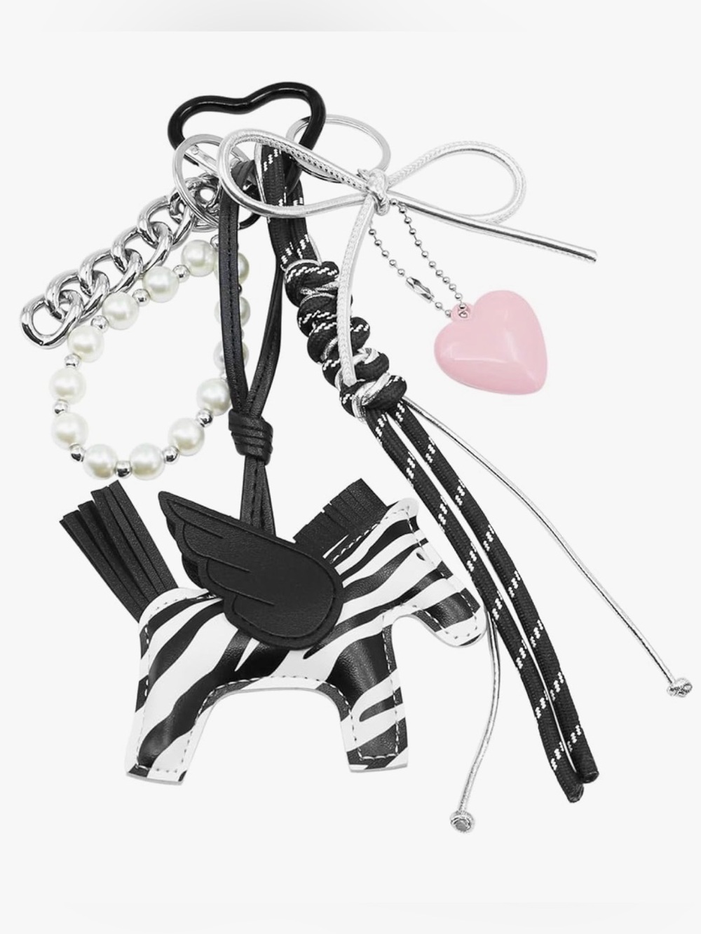 Gemelli Becca Handbag Charm Key Holder Charm Set Zebra Heart Pearls Chain
